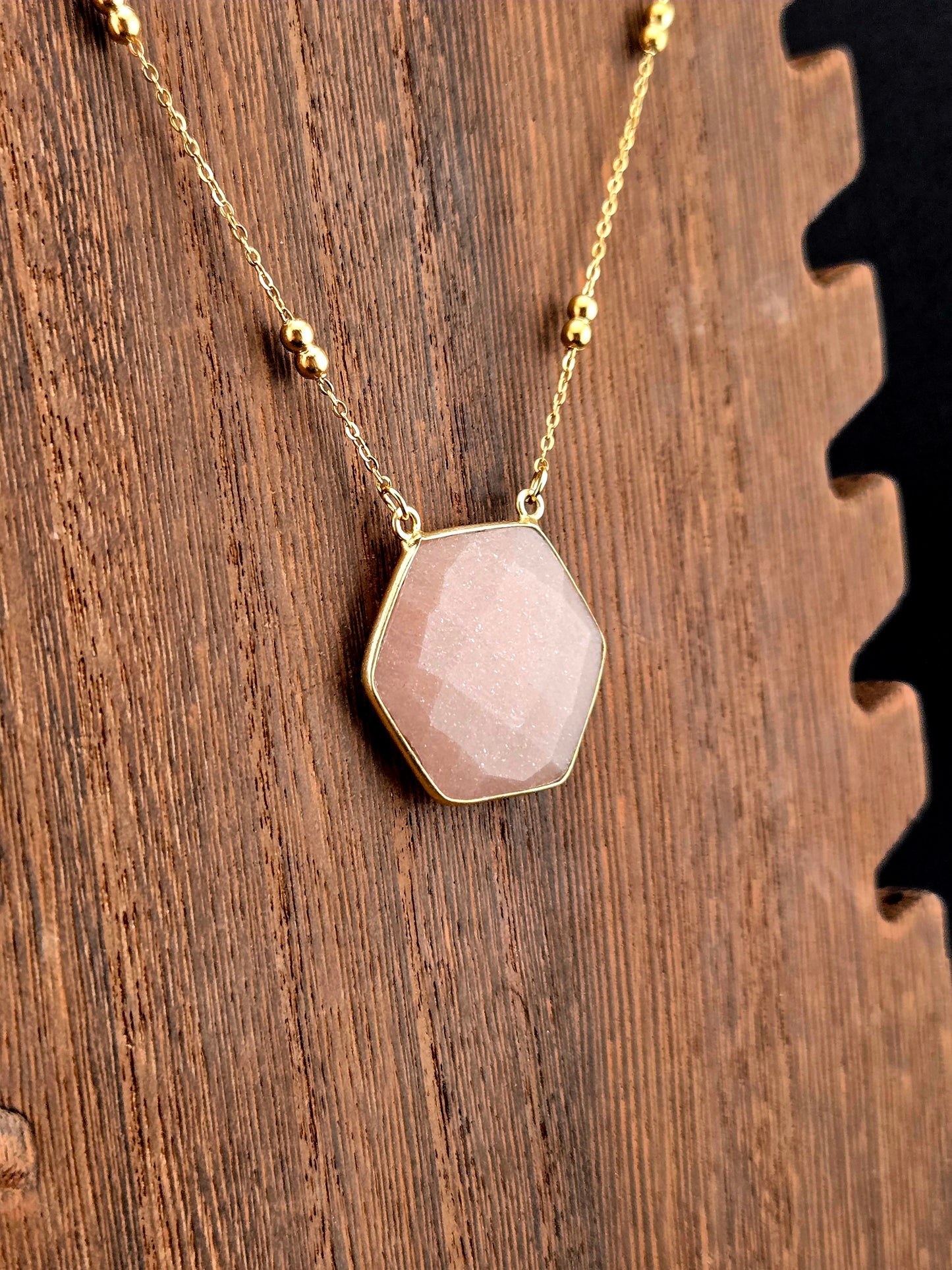 Faceted Peach Moonstone Hexagon Necklace