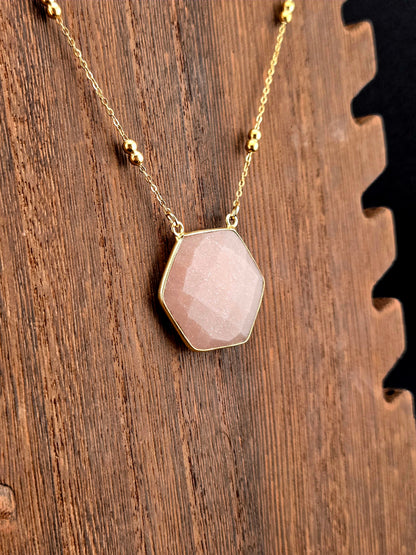 Faceted Peach Moonstone Hexagon Necklace