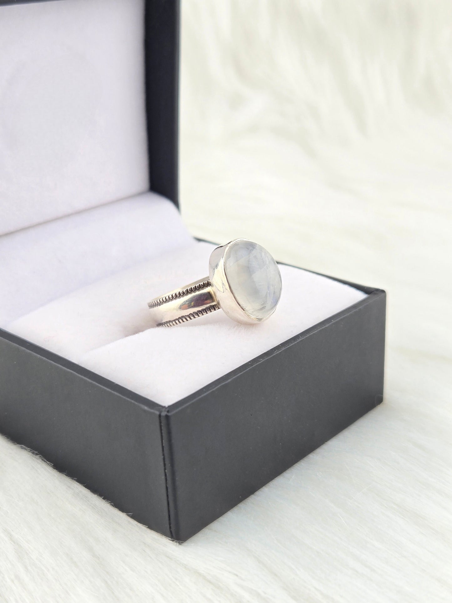 Handcut Moonstone Set in .925 Hand Fabricated Setting (Size 8)