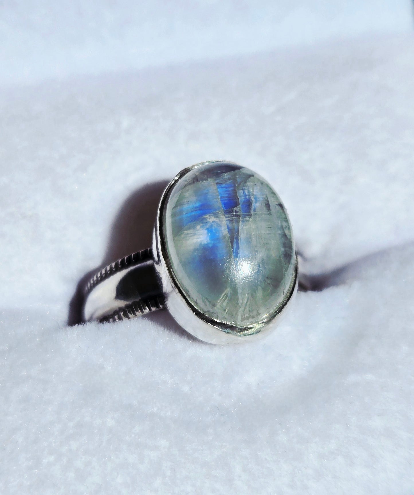 Handcut Moonstone Set in .925 Hand Fabricated Setting (Size 8)