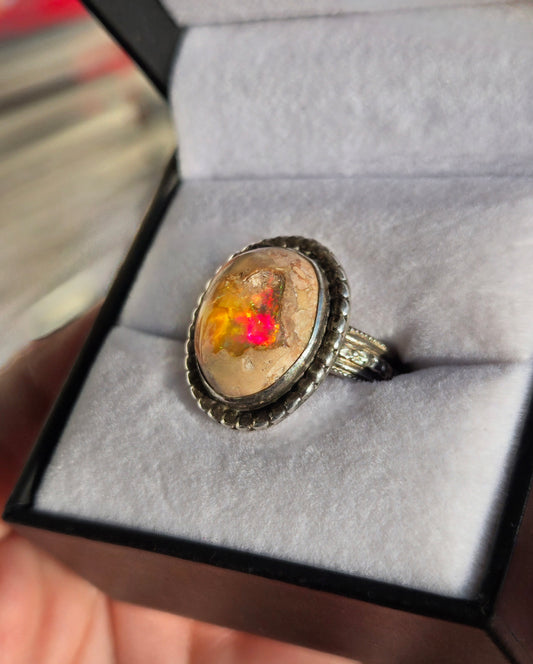 Mexican Fire Opal Ring - Hand Fabricated Sterling Silver (Size 8.5)
