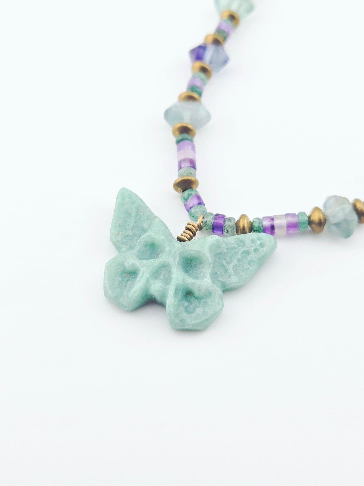 Green Aventurine Skull Butterfly with Double Terminated Fluorite Necklace