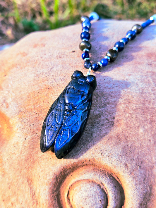 Blue Labradorite Cicada with Sodalite & Pyrite Necklace