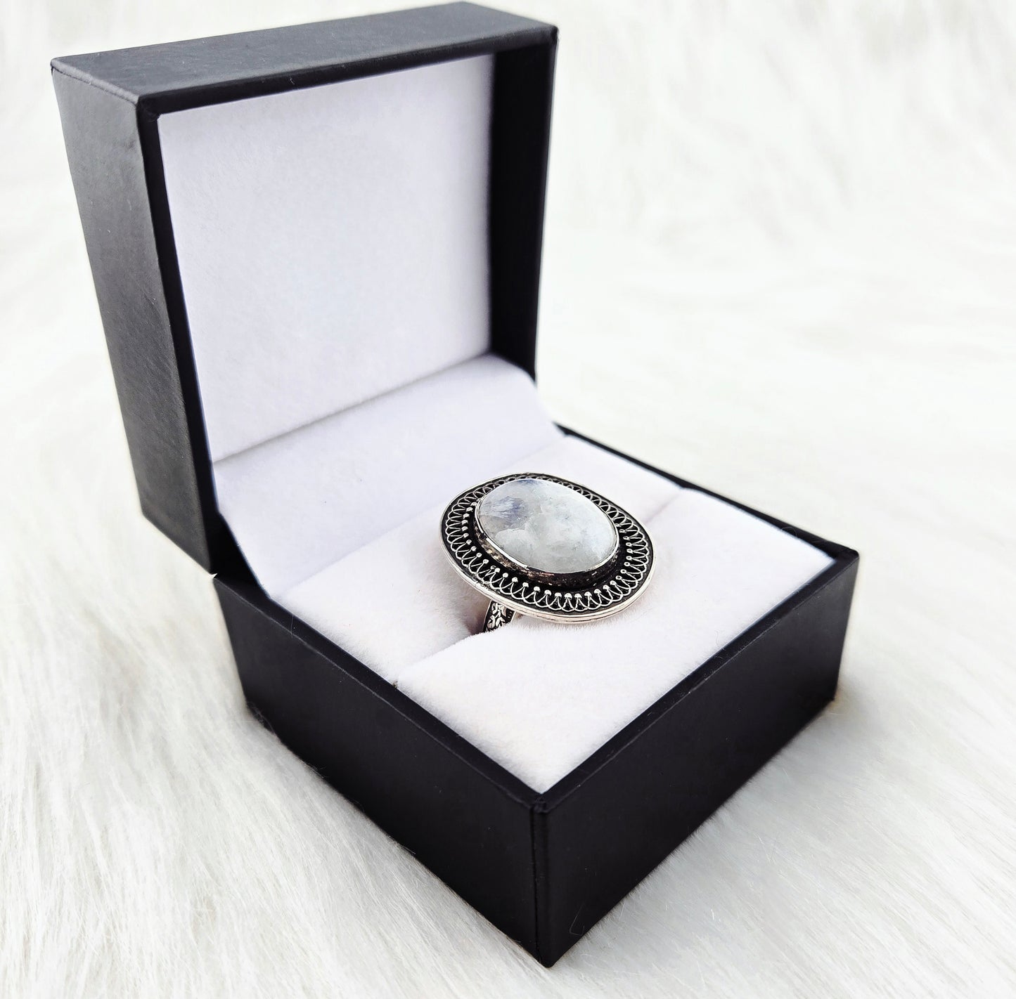 Hand cut Moonstone Ring Set in .925 Silver and Fine Silver Embellishments (Size 10)