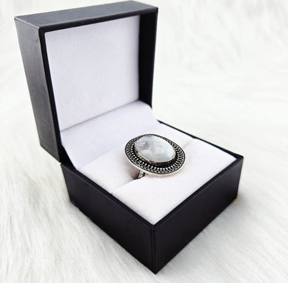 Hand cut Moonstone Ring Set in .925 Silver and Fine Silver Embellishments (Size 10)