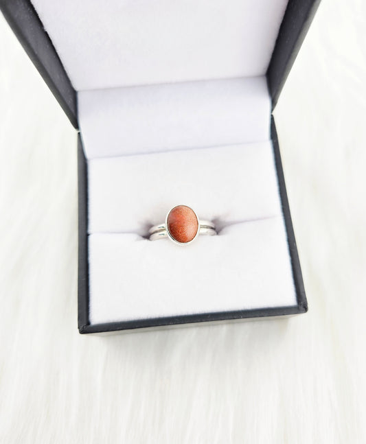 Hand Cut Goldstone set in Hand Fabricated .925 Silver Setting with Double Half Round Shank (Size 7.5)