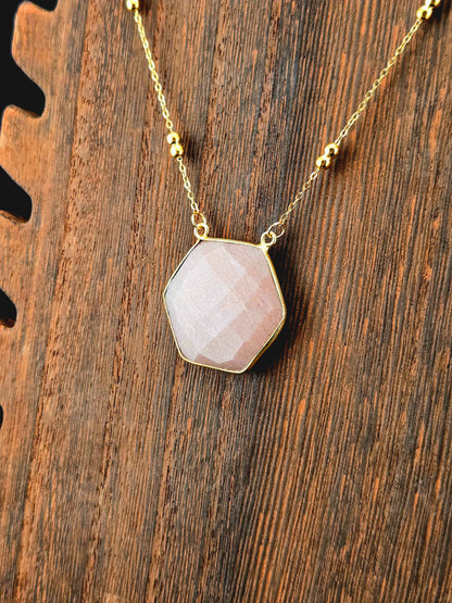 Faceted Peach Moonstone Hexagon Necklace