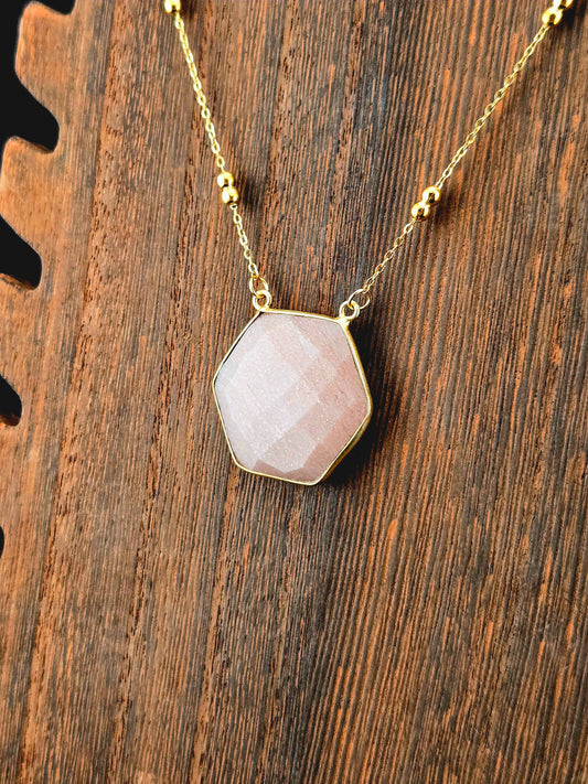 Faceted Peach Moonstone Hexagon Necklace