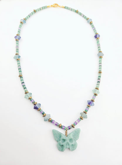 Green Aventurine Skull Butterfly with Double Terminated Fluorite Necklace