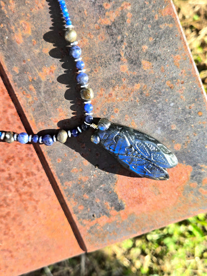 Blue Labradorite Cicada with Sodalite & Pyrite Necklace