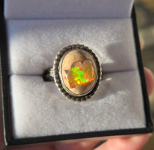 Mexican Fire Opal Ring - Hand Fabricated Sterling Silver (Size 8.5)
