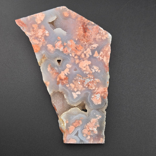 Cotton Candy agate lapidary slab, alternate view, pink and peach brecciated jasper-agate