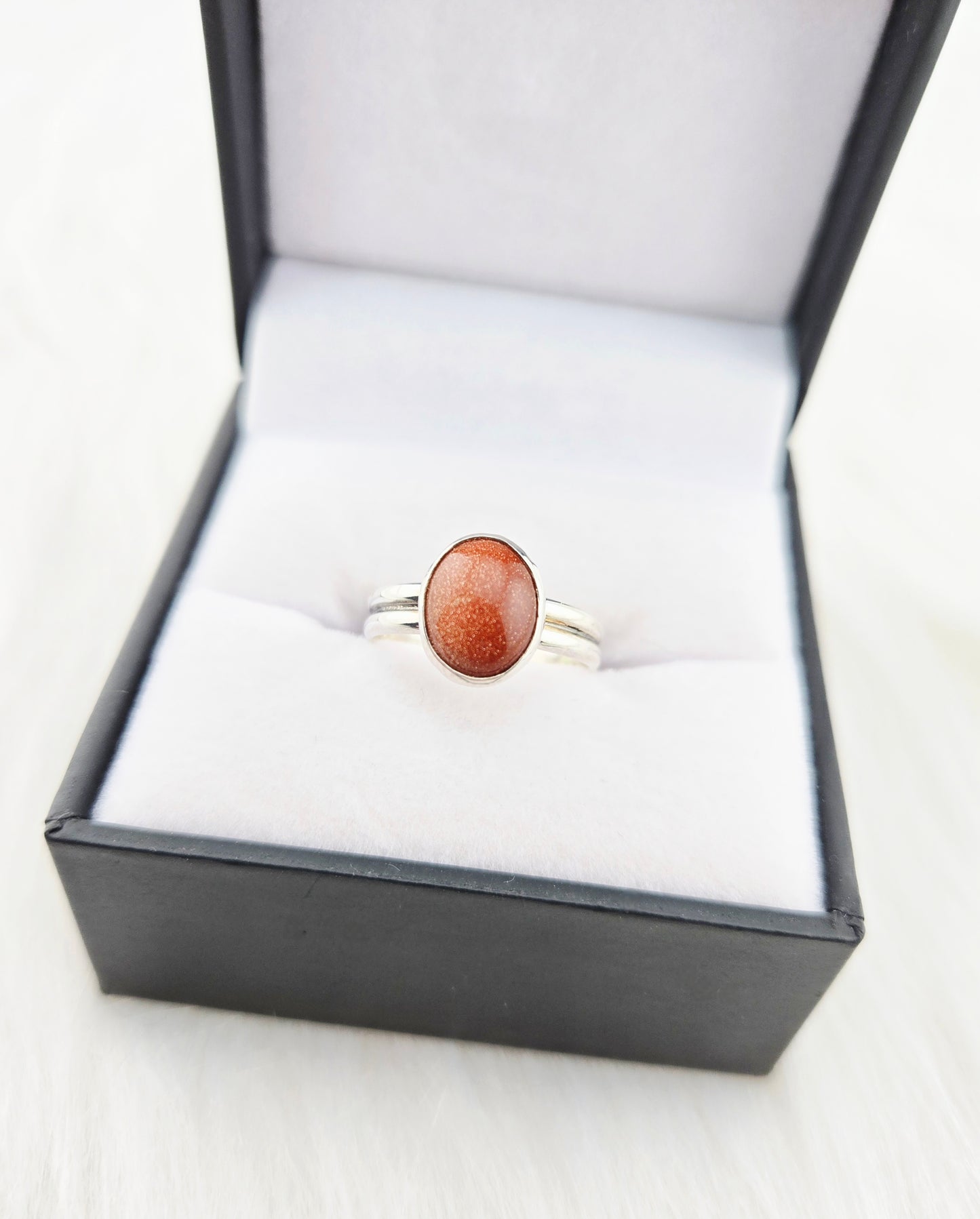 Hand Cut Goldstone set in Hand Fabricated .925 Silver Setting with Double Half Round Shank (Size 7.5)