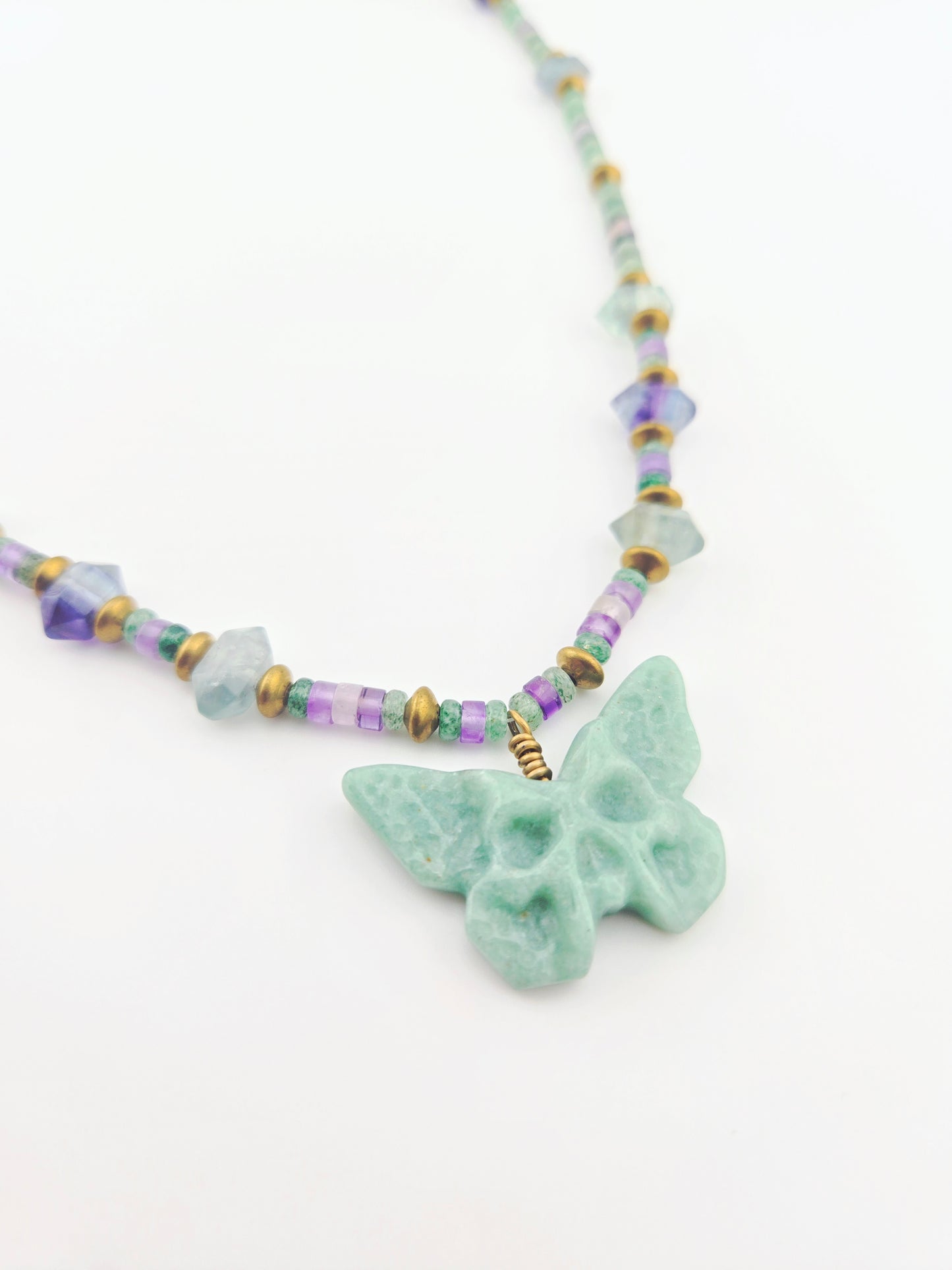 Green Aventurine Skull Butterfly with Double Terminated Fluorite Necklace