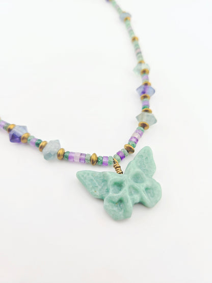 Green Aventurine Skull Butterfly with Double Terminated Fluorite Necklace