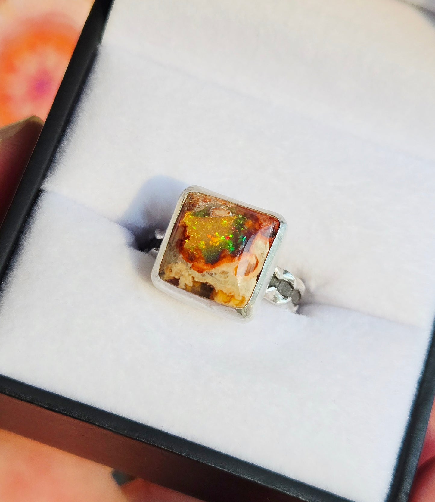 Hand Cut Square Mexican Fire Opal Set in Hand Fabricated .925 Silver Setting with (Size 9)