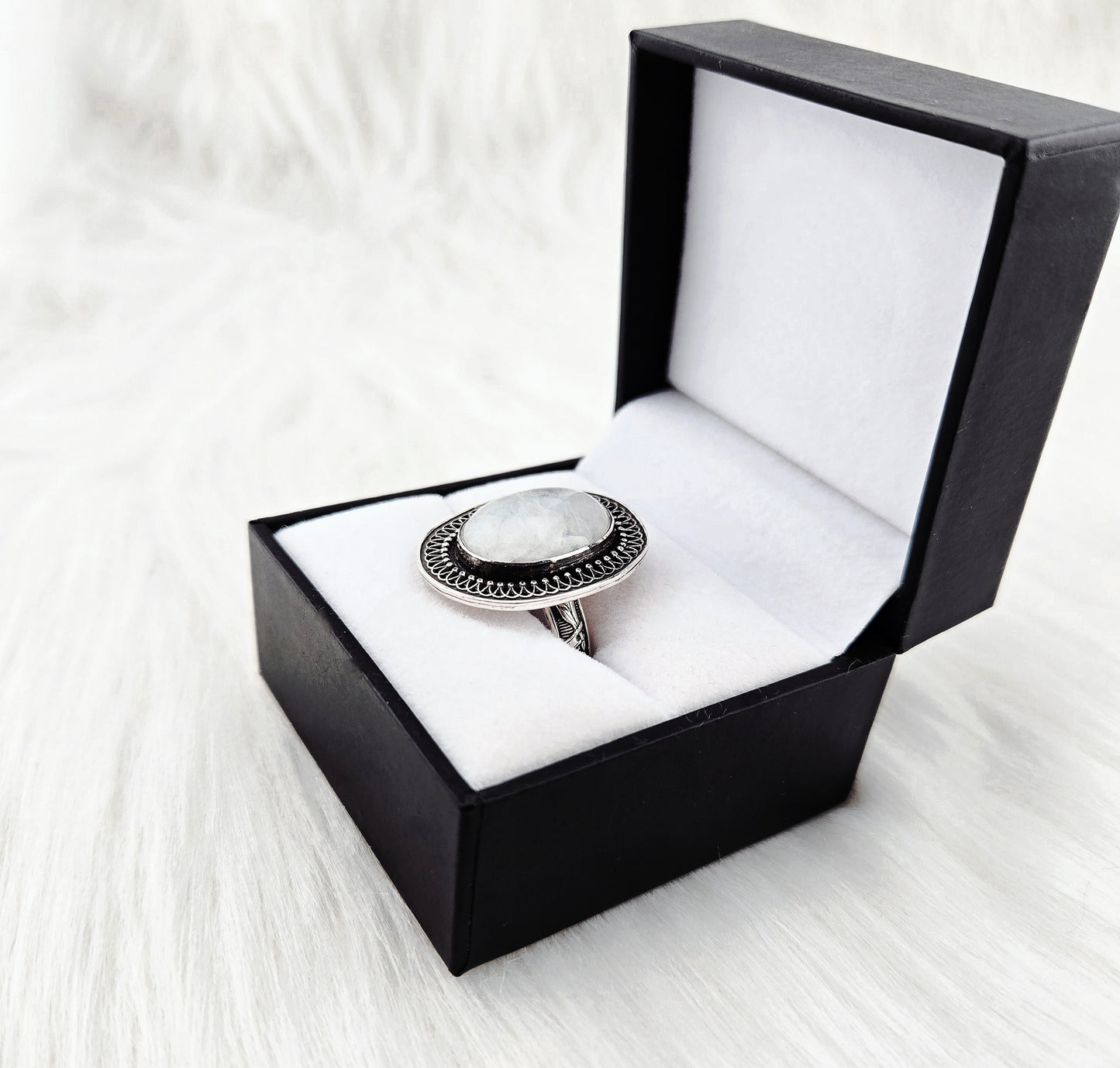 Hand cut Moonstone Ring Set in .925 Silver and Fine Silver Embellishments (Size 10)