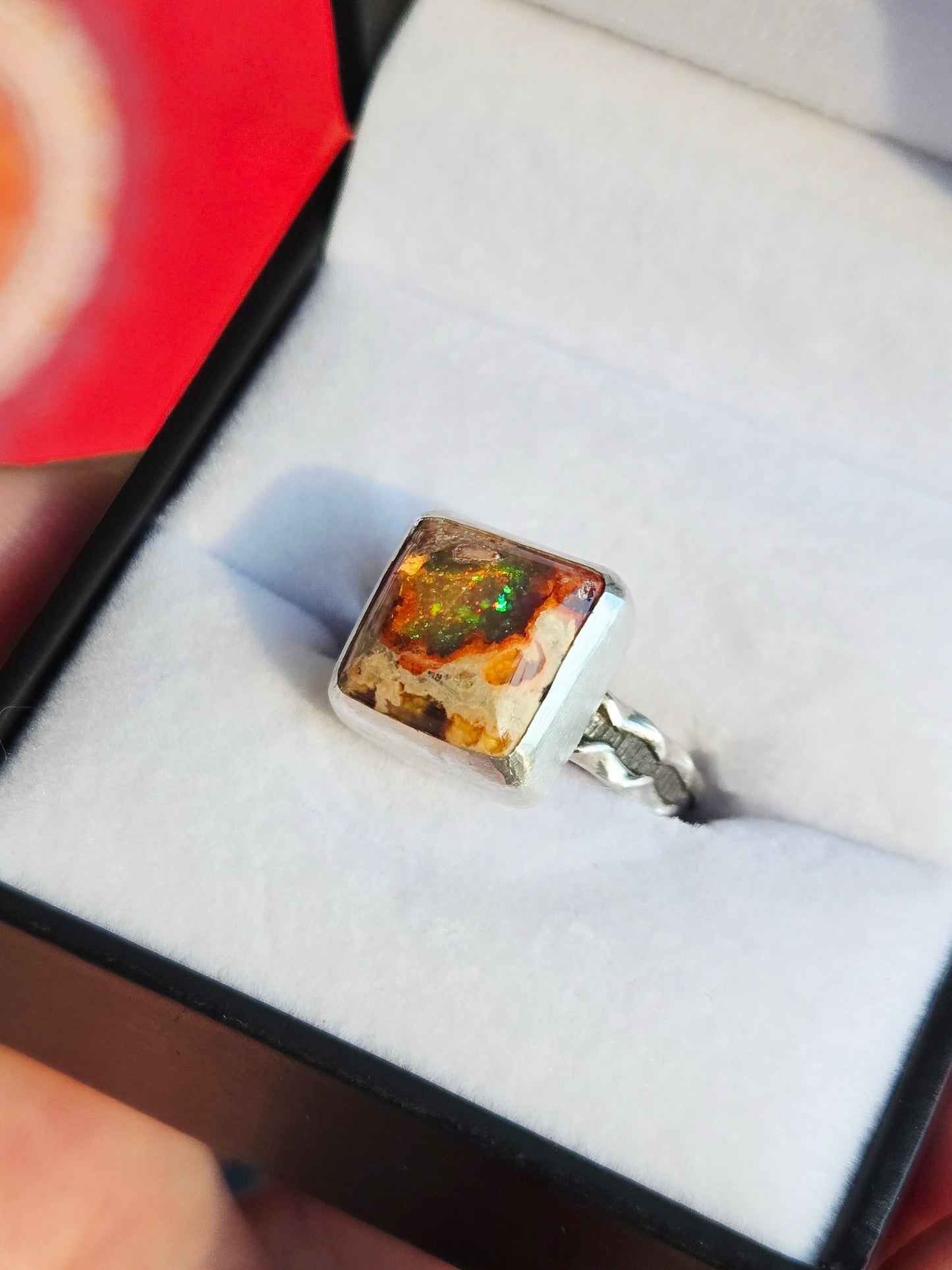 Hand Cut Square Mexican Fire Opal Set in Hand Fabricated .925 Silver Setting with (Size 9)