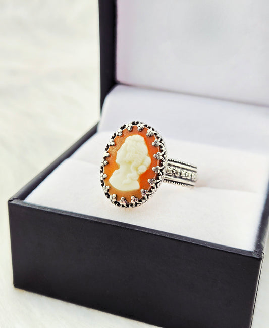 Vintage Glass Cameo set in Hand Fabricated .925 Silver Setting (Size 10)