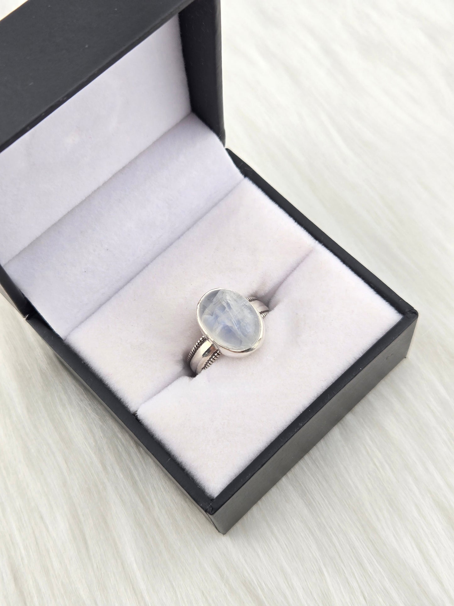 Handcut Moonstone Set in .925 Hand Fabricated Setting (Size 8)