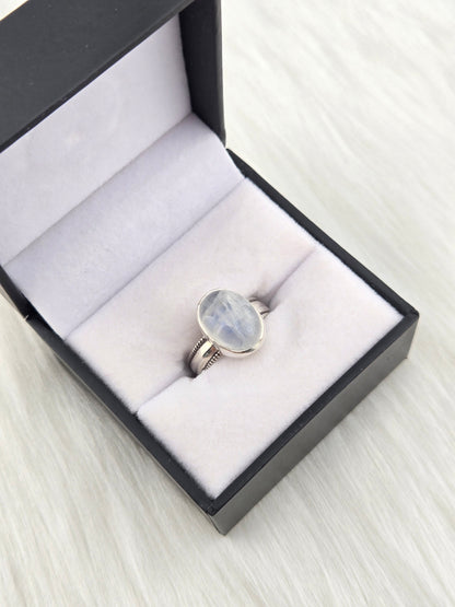 Handcut Moonstone Set in .925 Hand Fabricated Setting (Size 8)