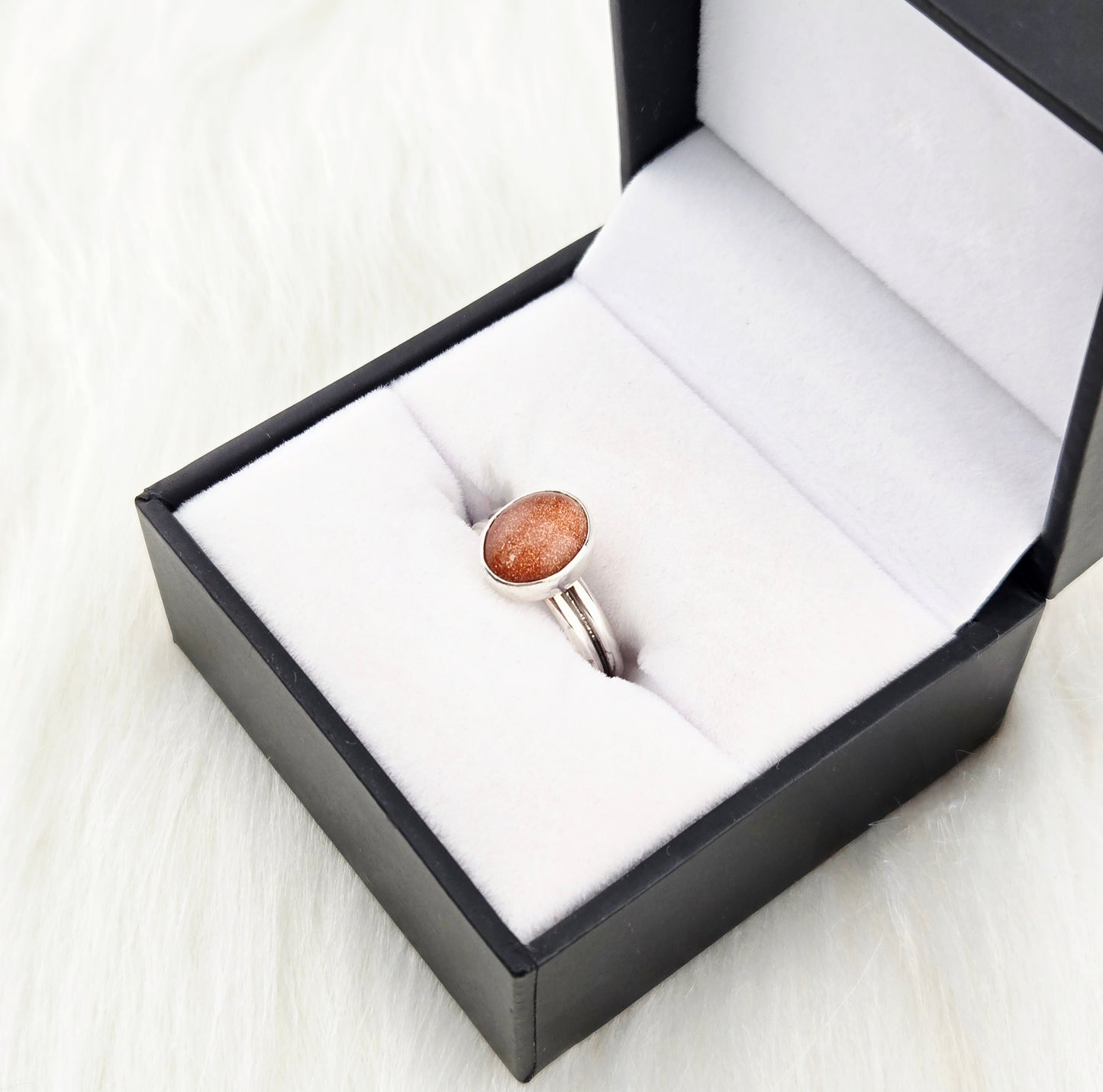 Hand Cut Goldstone set in Hand Fabricated .925 Silver Setting with Double Half Round Shank (Size 7.5)