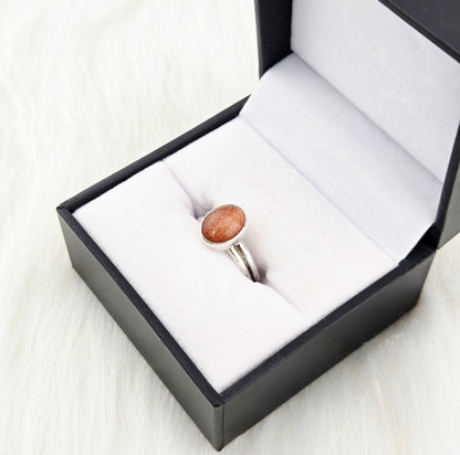 Hand Cut Goldstone set in Hand Fabricated .925 Silver Setting with Double Half Round Shank (Size 7.5)