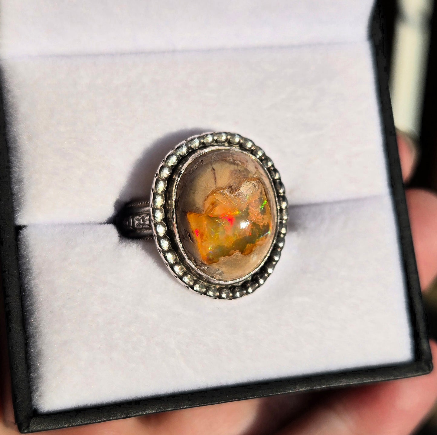 Mexican Fire Opal Ring - Hand Fabricated Sterling Silver (Size 8.5)