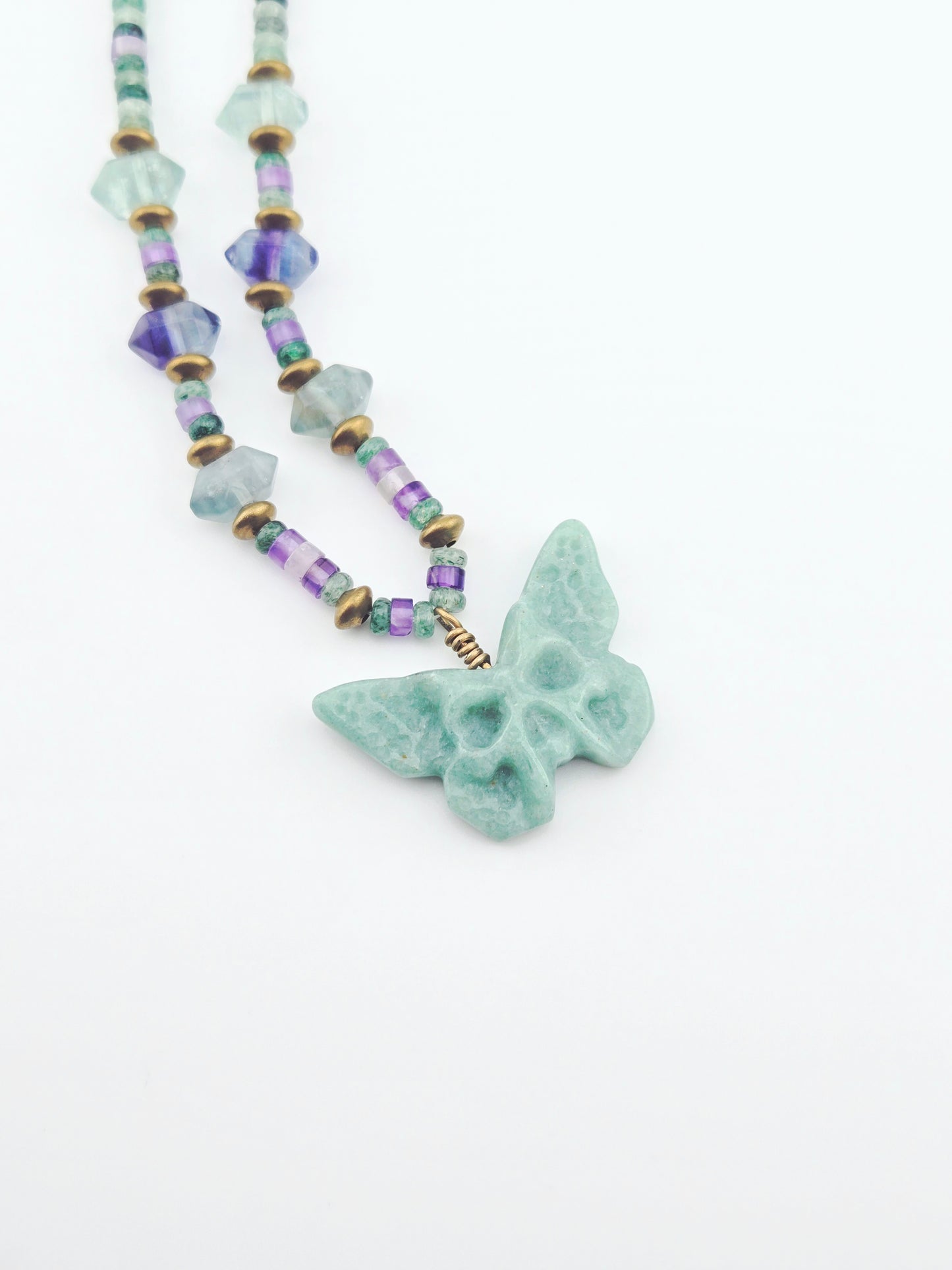Green Aventurine Skull Butterfly with Double Terminated Fluorite Necklace