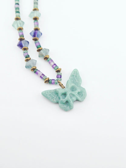Green Aventurine Skull Butterfly with Double Terminated Fluorite Necklace