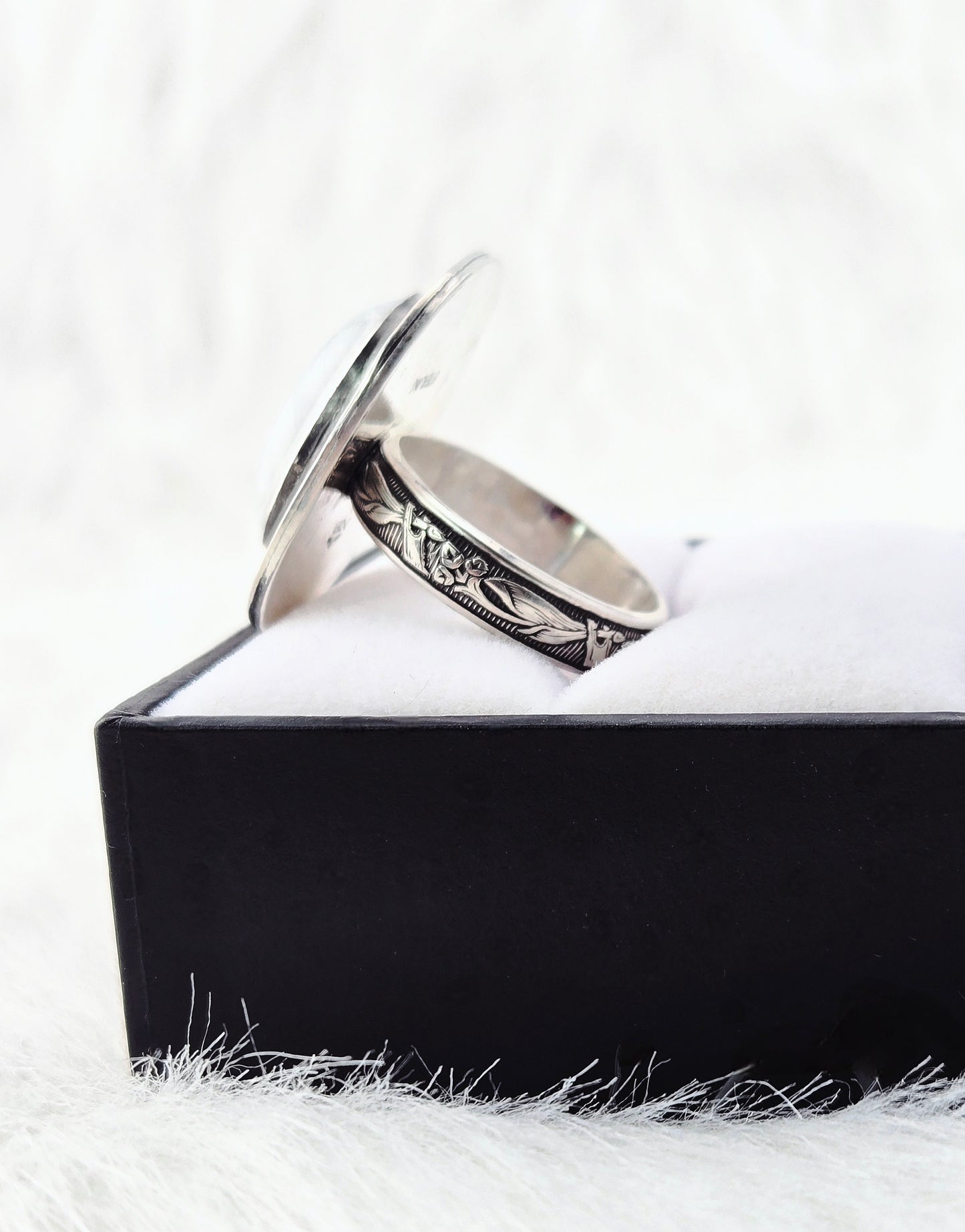 Hand cut Moonstone Ring Set in .925 Silver and Fine Silver Embellishments (Size 10)