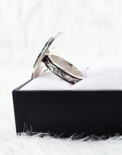 Hand cut Moonstone Ring Set in .925 Silver and Fine Silver Embellishments (Size 10)