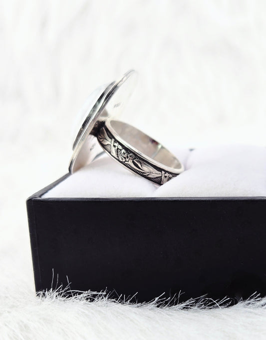 Hand cut Moonstone Ring Set in .925 Silver and Fine Silver Embellishments (Size 10)