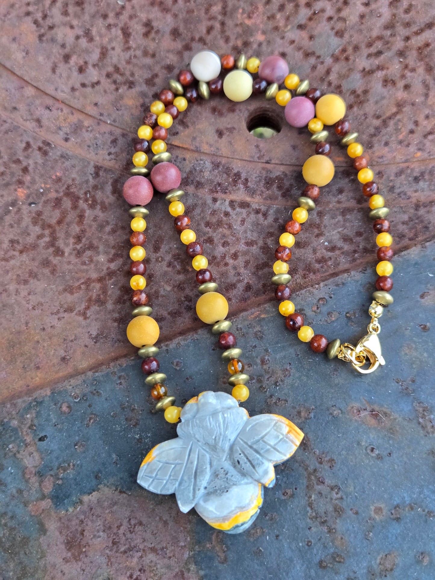 Bumblebee Jasper Bee with Amber & Mookaite Necklace