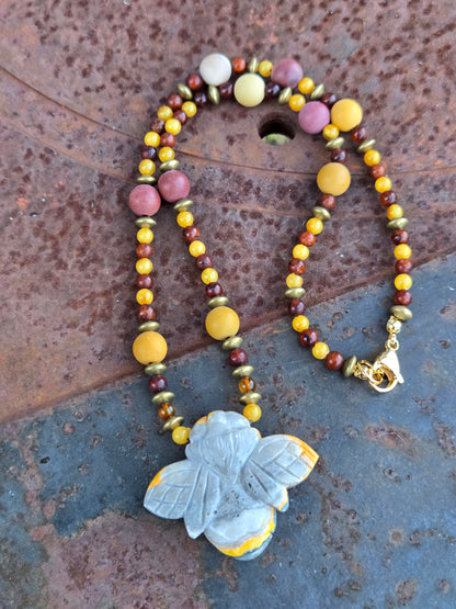 Bumblebee Jasper Bee with Amber & Mookaite Necklace