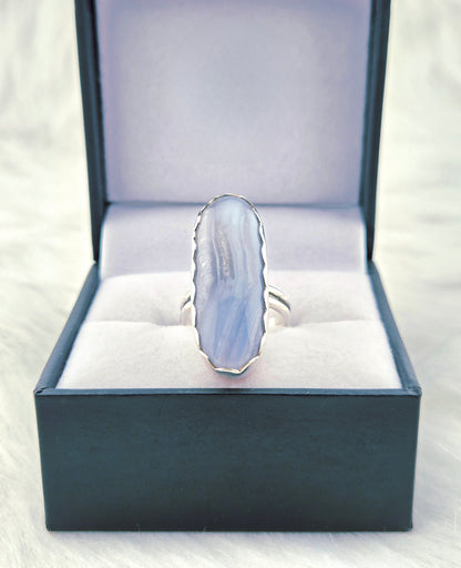 Hand Cut Blue Lace Agate Set in Hand Fabricated .925 Silver Setting (Size 6.5)