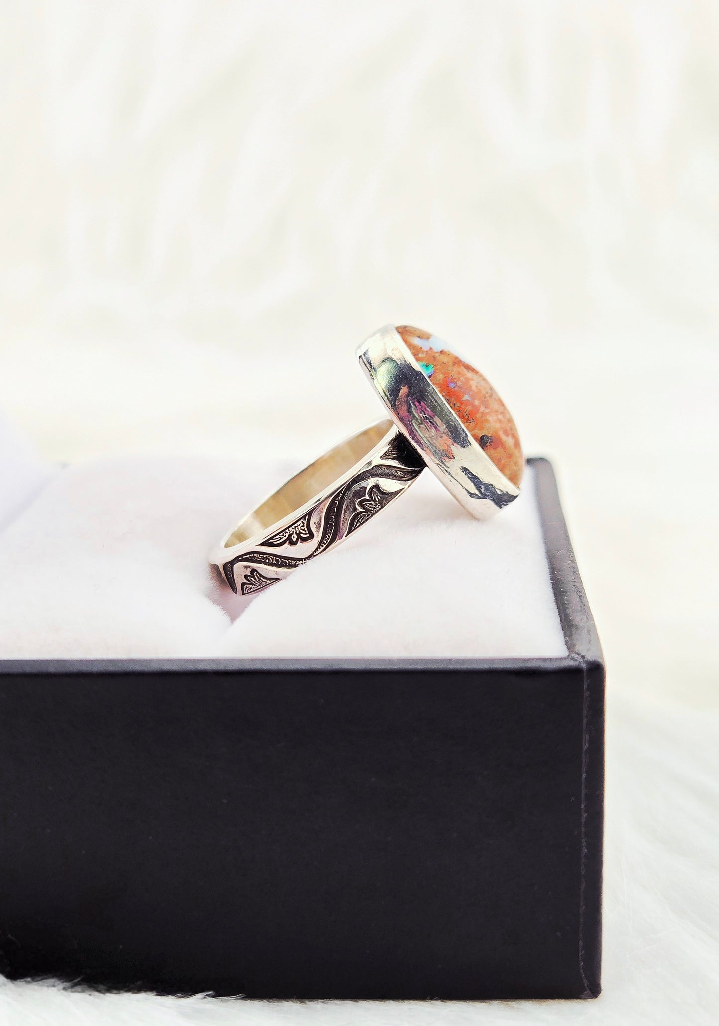 Mexican Fire Opal Ring - Hand Fabricated Sterling Silver (Size 7)