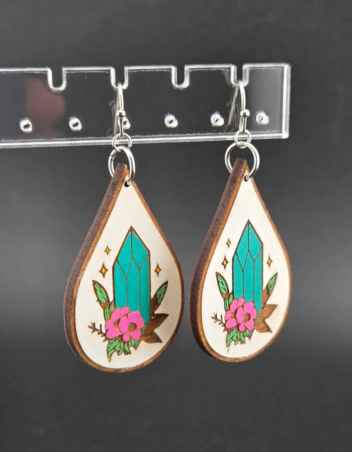 Handmade hand painted crystal and pink flower earrings
