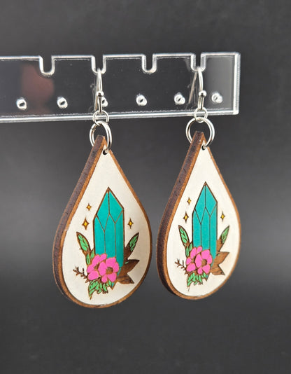 Handmade hand painted crystal and pink flower earrings
