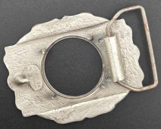 Vintage pewter belt buckle blank, fits a 38.2mm cabochon, 3.25" × 2.5" face