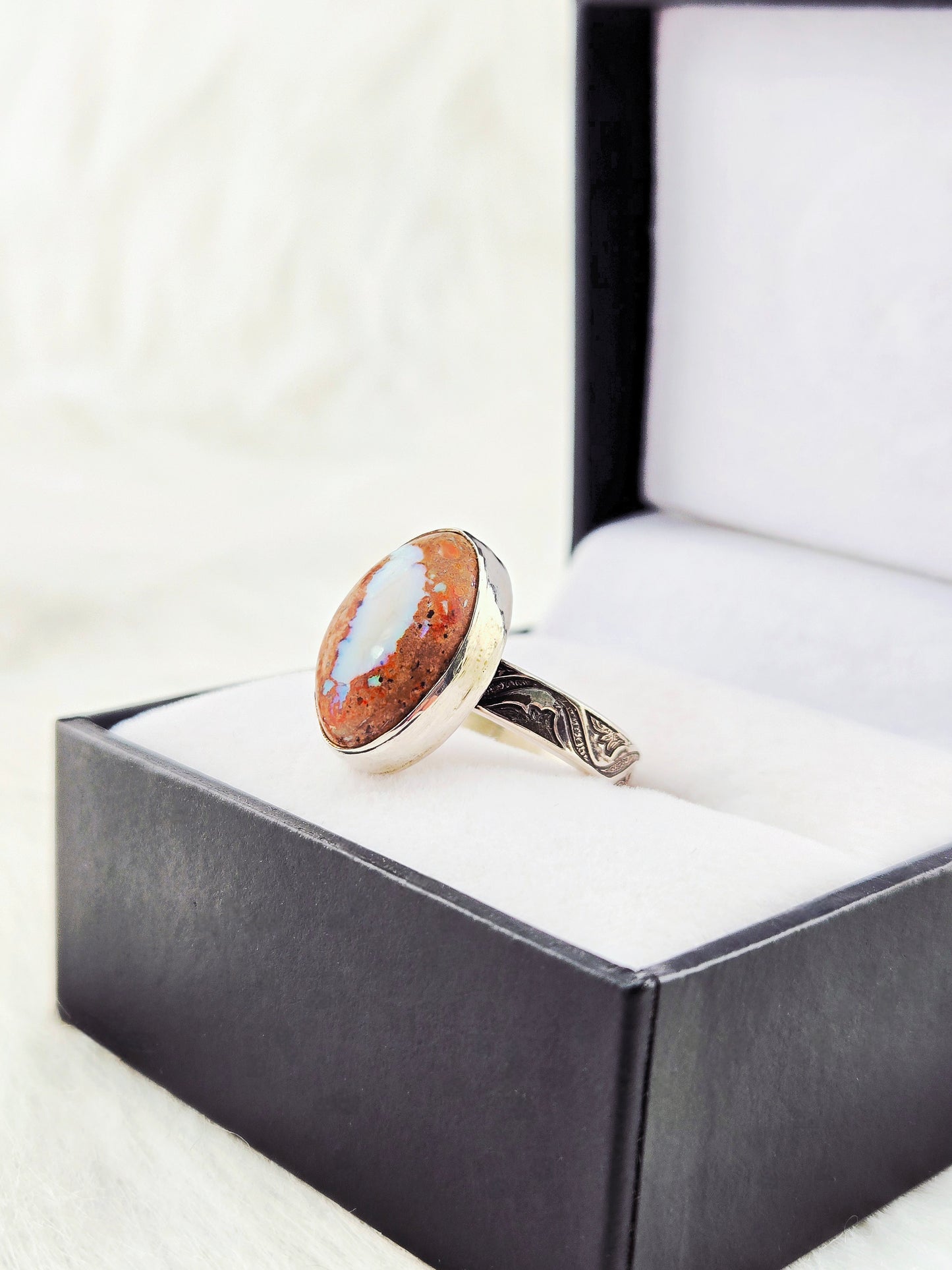 Mexican Fire Opal Ring - Hand Fabricated Sterling Silver (Size 7)