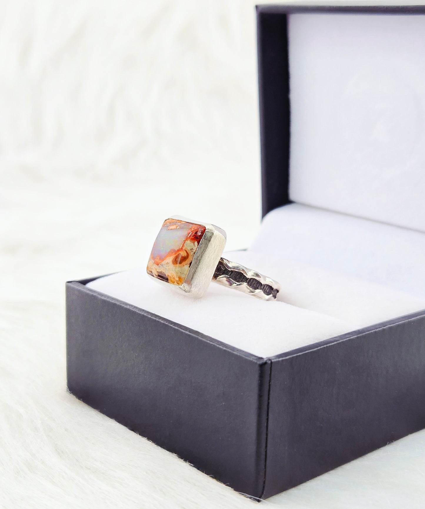 Hand Cut Square Mexican Fire Opal Set in Hand Fabricated .925 Silver Setting with (Size 9)