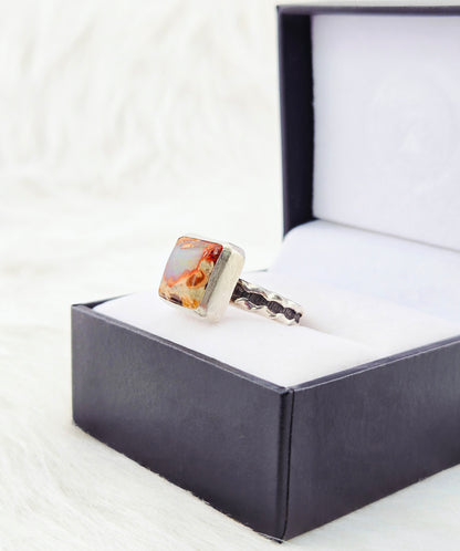 Hand Cut Square Mexican Fire Opal Set in Hand Fabricated .925 Silver Setting with (Size 9)