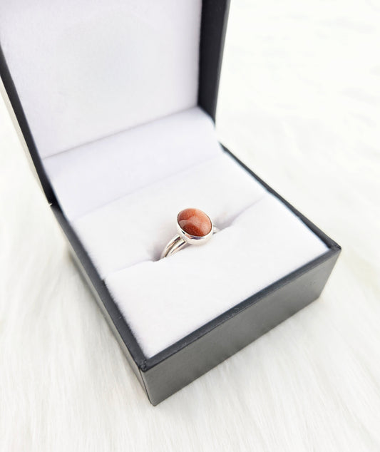 Hand Cut Goldstone set in Hand Fabricated .925 Silver Setting with Double Half Round Shank (Size 7.5)